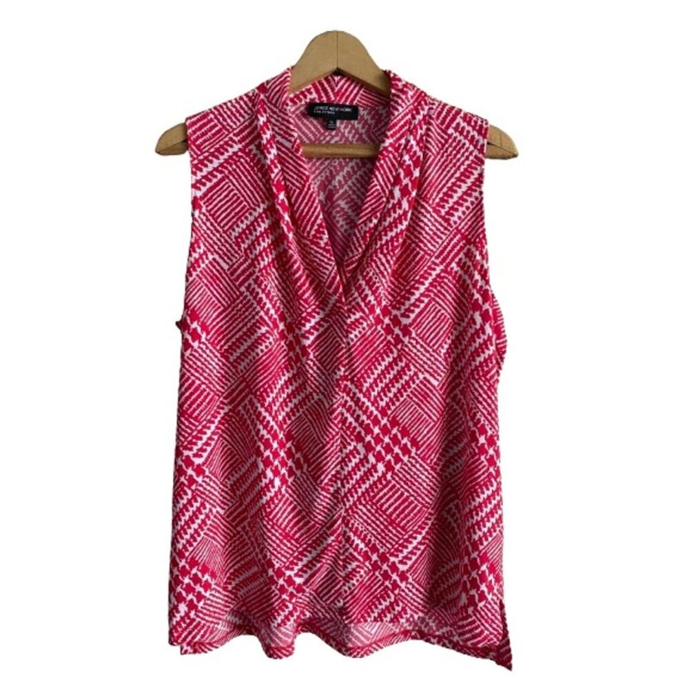 Jones New York Pink Plaid Sleeveless V Neck Blouse Top Career